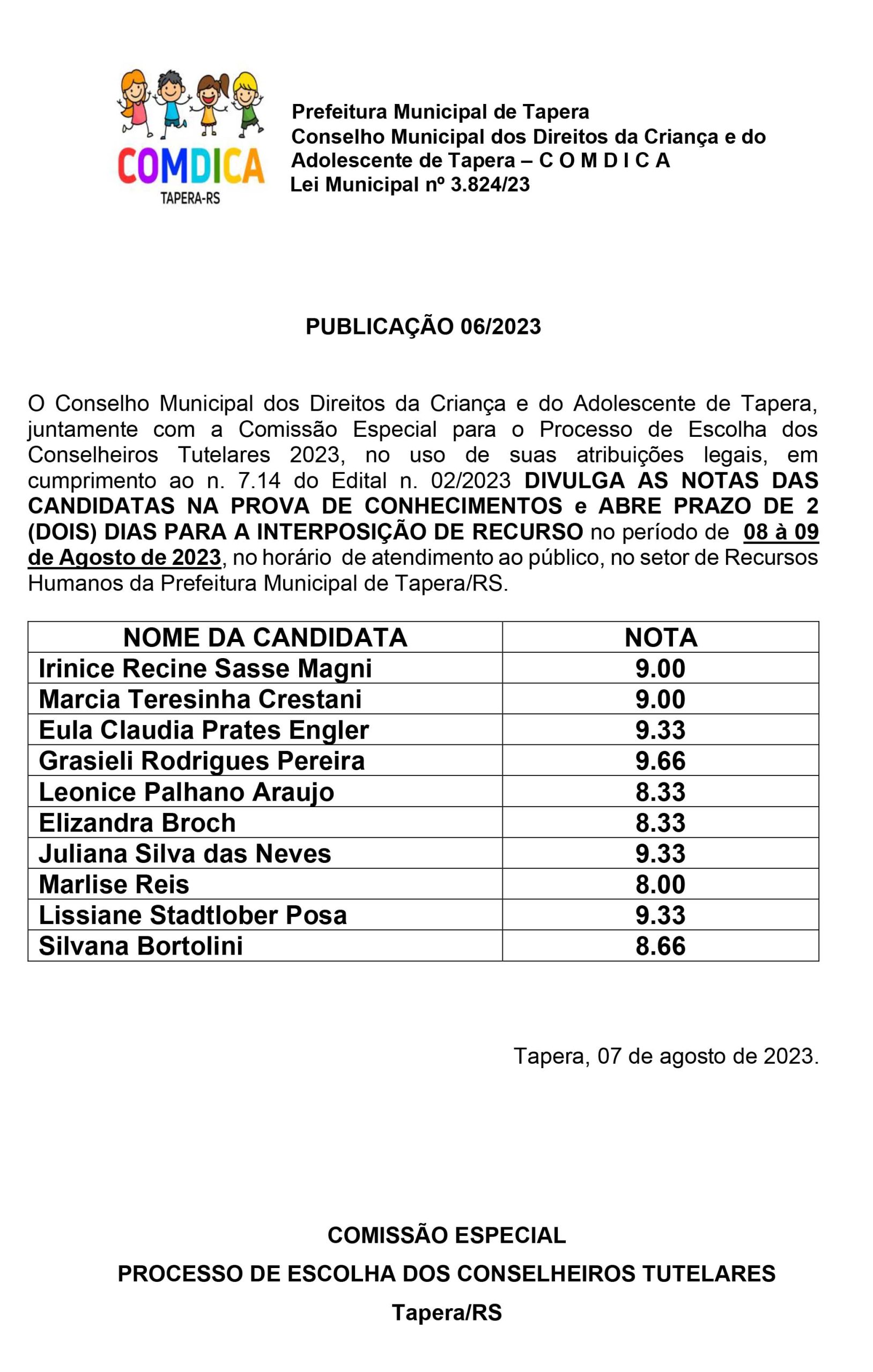 COMDICA torna pública as notas das candidatas na prova de conhecimentos