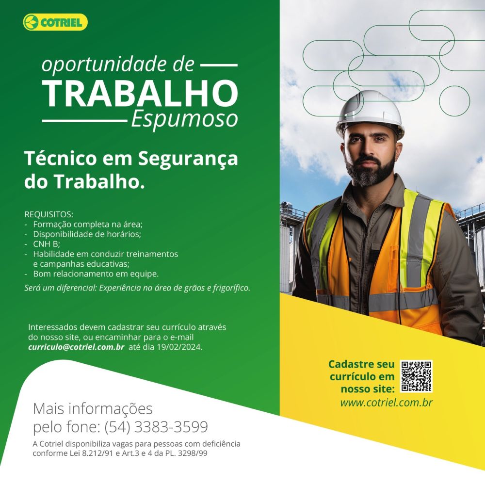 Cotriel está contratando Técnico em Segurança do Trabalho JE Acontece